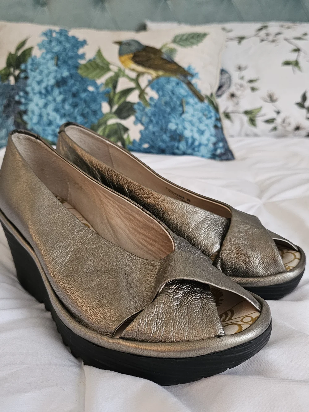 Fly London Women’s Metallic Silver Peep-Toe Wedges